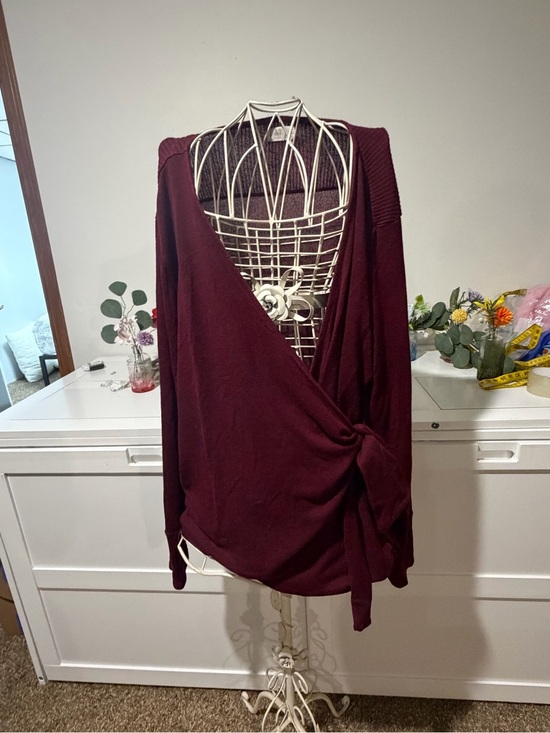 24/7 Maurices Sweaters - Women’s Wrap Tie Cardigan Sweater in Burgundy
